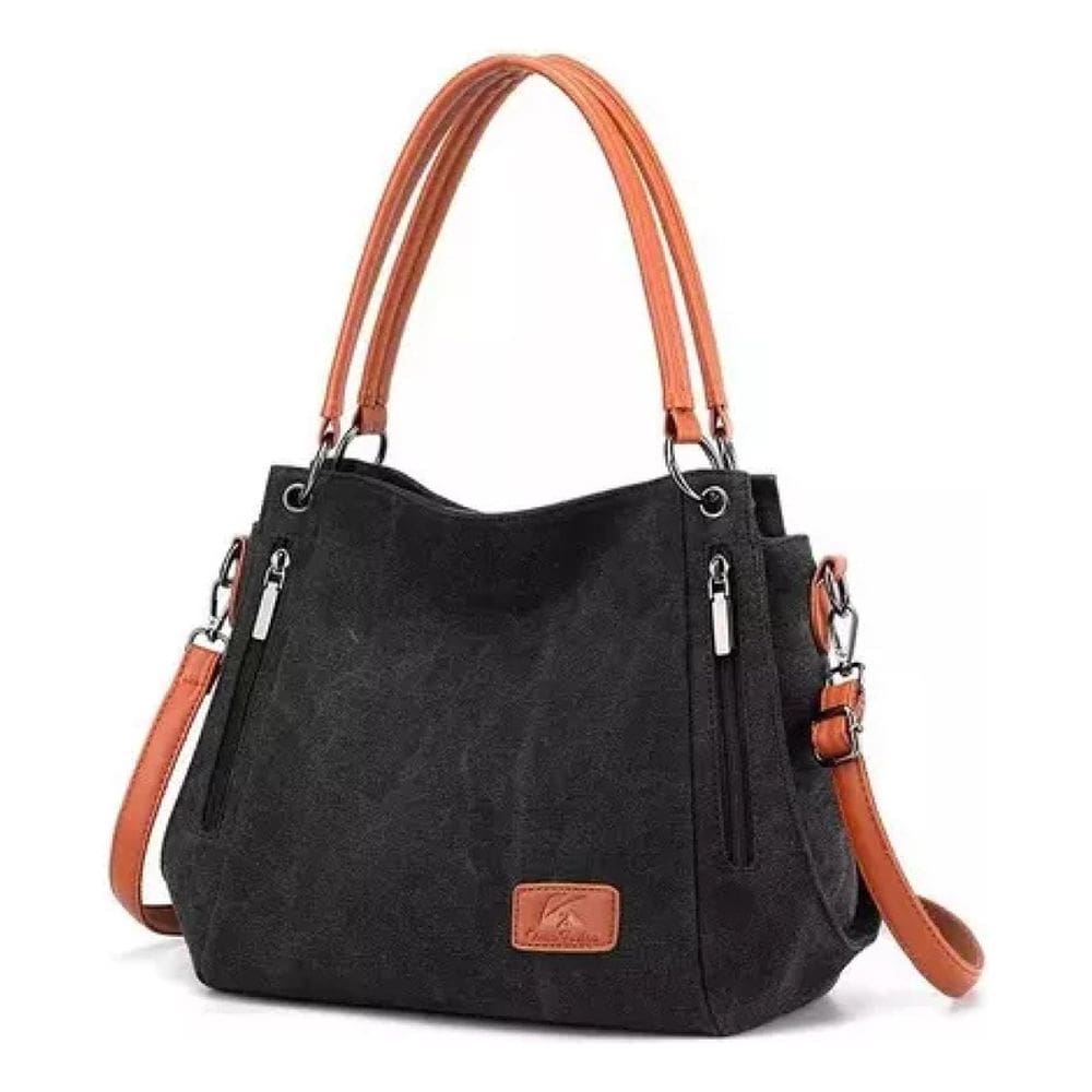 Bolsa de ombro feminina de algodão e couro marrom