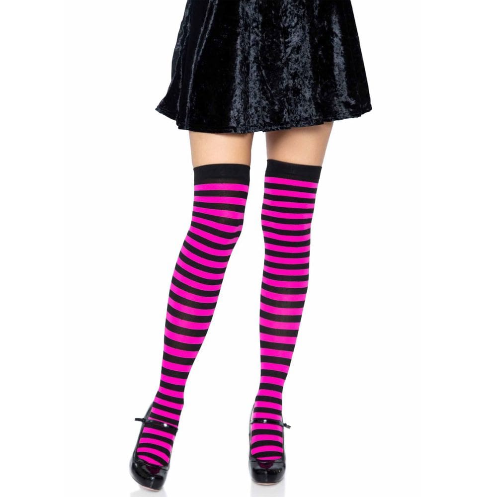 Meias Leg Avenue em nylon listradas em preto/rosa neon para mulheres
