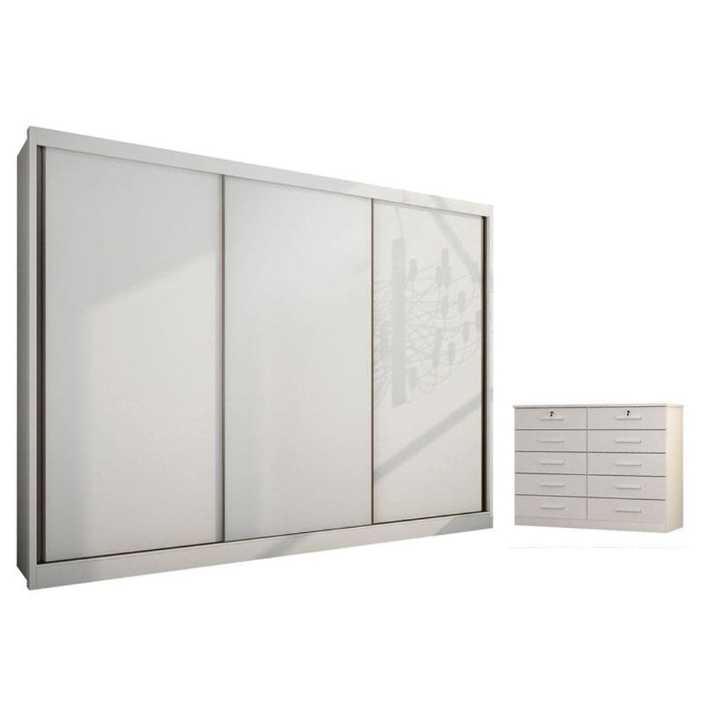 Guarda Roupa Casal Londres e Gaveteiro Milão com Chave Neve - Novo Horizonte