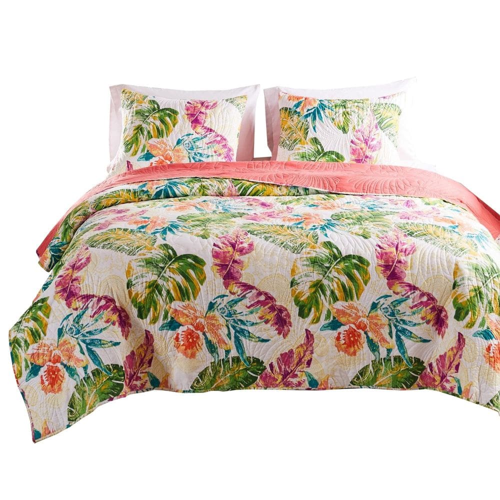 Conjunto de roupa de cama Benzara Aulne King Quilt 3 peças com estampa de folhas
