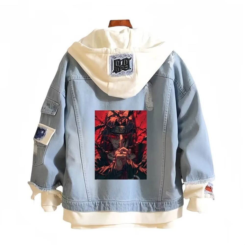 Jaqueta jeans casual com impressão digital Naruto Uchiha Itachi