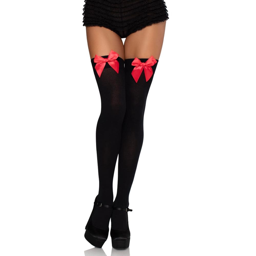 Thigh Highs Leg Avenue com detalhes em laço de cetim preto/vermelho para mulheres