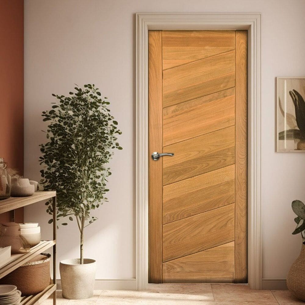 Porta de Madeira Maciça Tauari 210x82x3,3 Réguas Diagonais Jomadi Natural