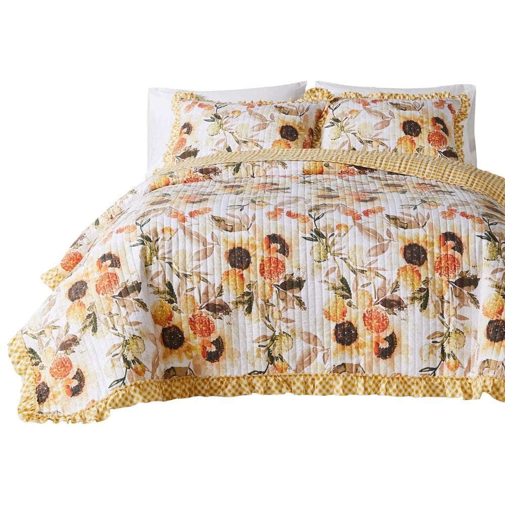 Conjunto de roupa de cama Benzara Kelsa Queen Quilt, 3 peças de algodão dourado