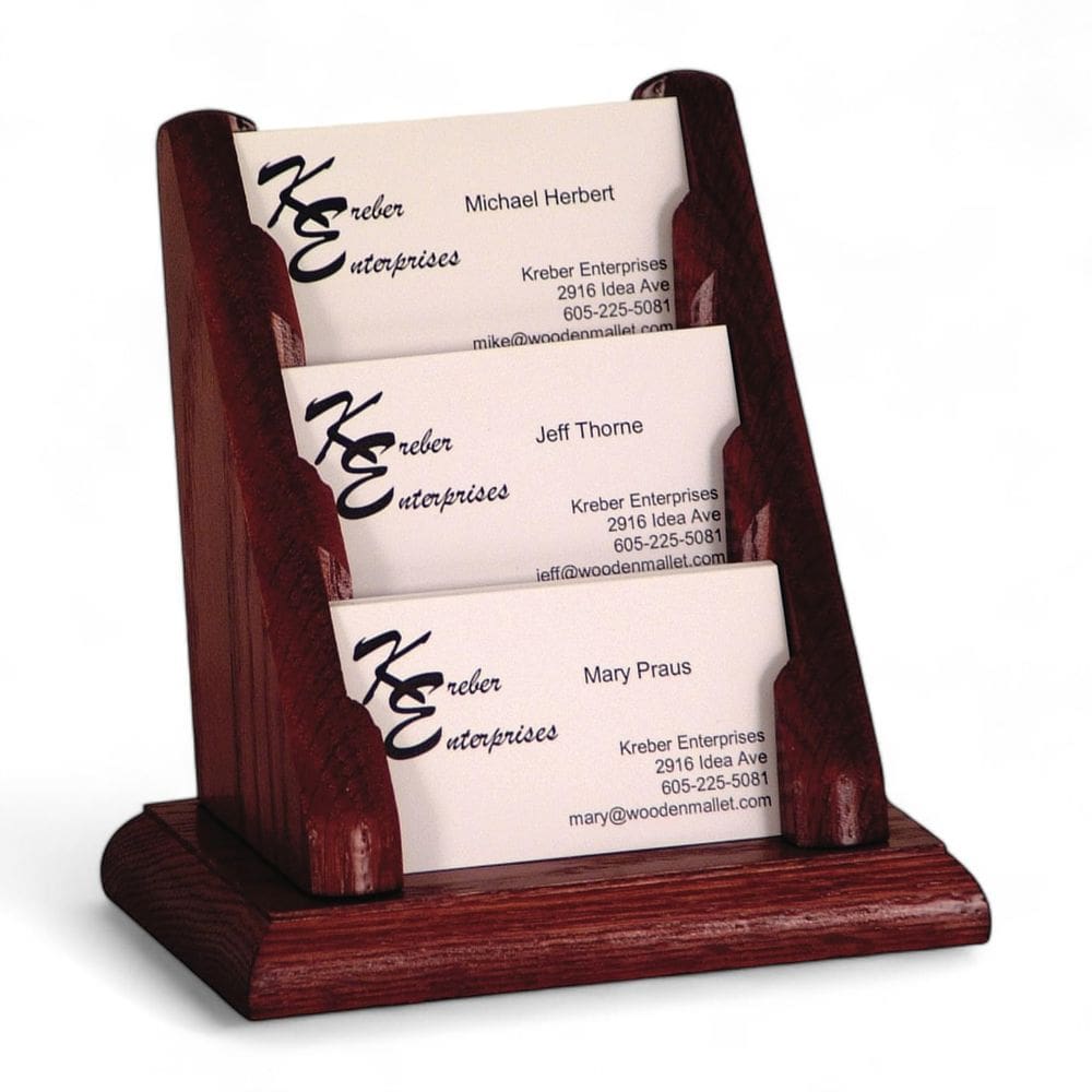 Porta-cartões de visita, martelo de madeira, bancada de 3 bolsos