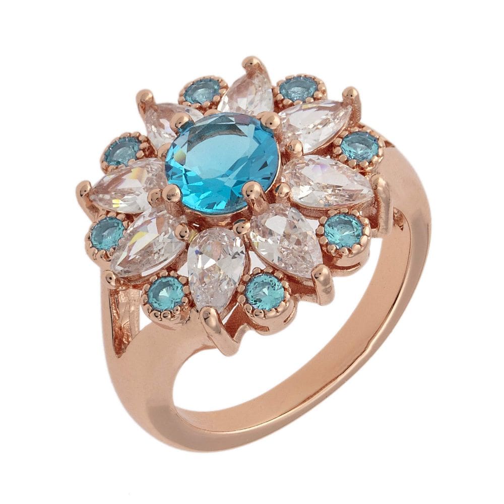 Anel BERTHA Juliet banhado a ouro rosa 18k CZ azul claro tamanho 5