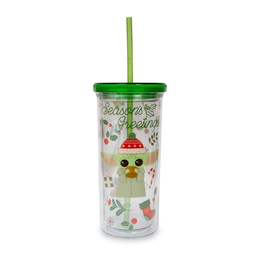 Copo frio de plástico Silver Buffalo Star Wars: The Mandalorian Grogu Christmas Icons com canudo reutilizável e tampa à prova de vazamentos