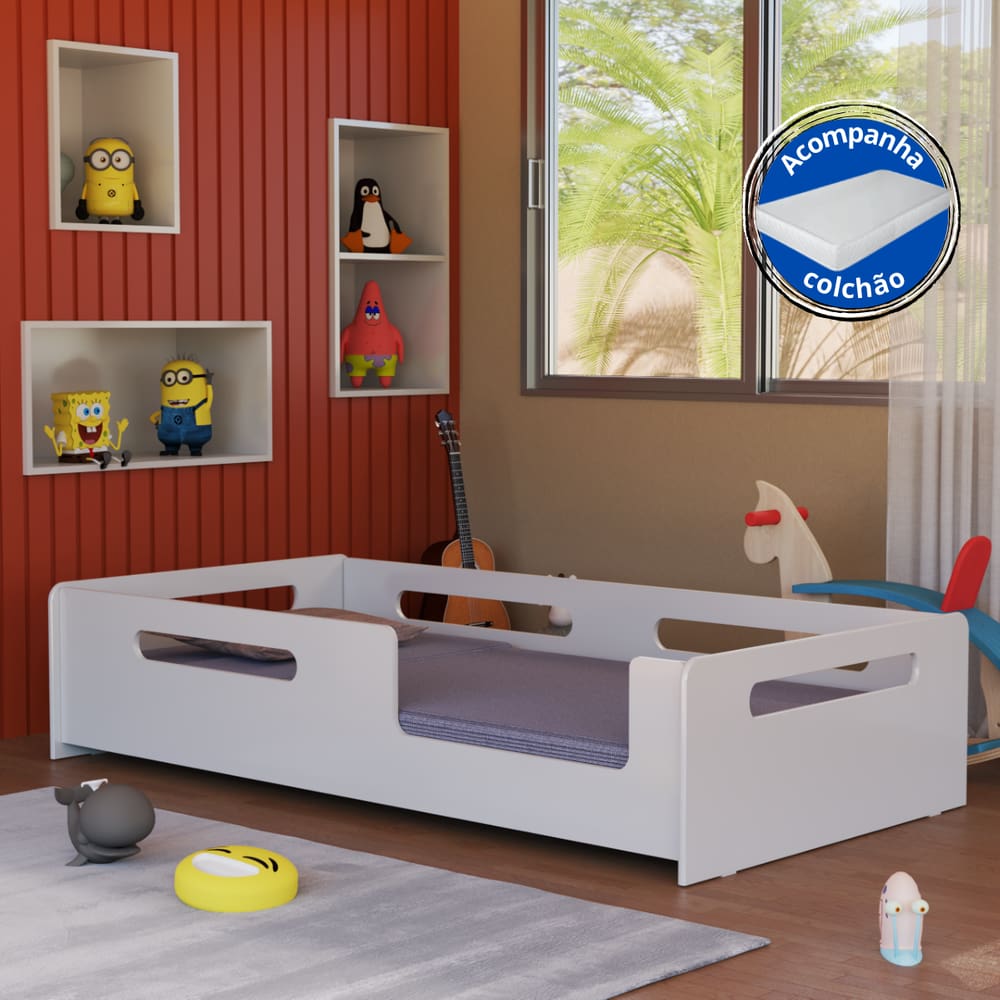 Cama Solteiro Montessori Infantil Branca com Proteção Segura E Colchão