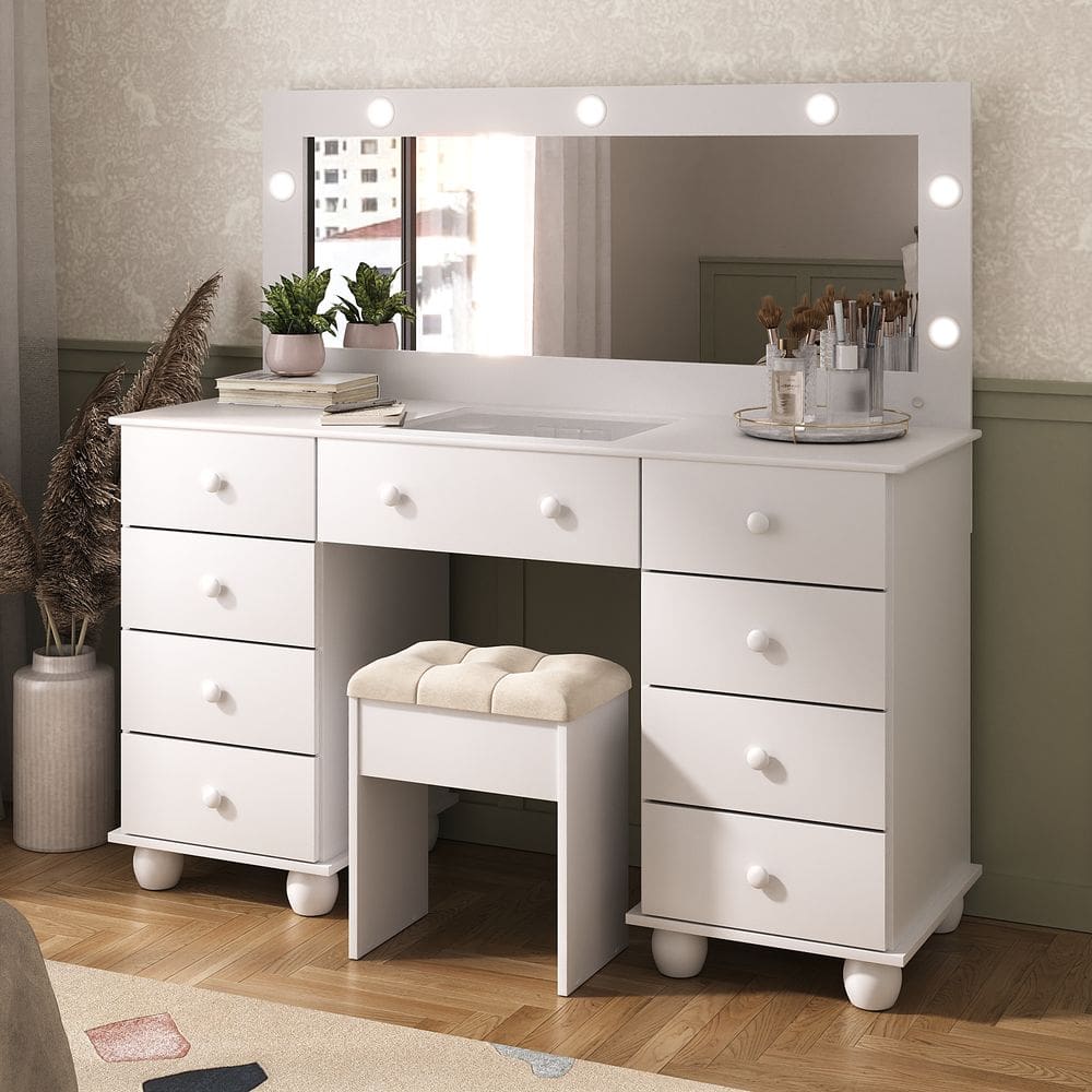 Penteadeira Camarim 9 Gavetas Com Espelho e LED Com Banqueta