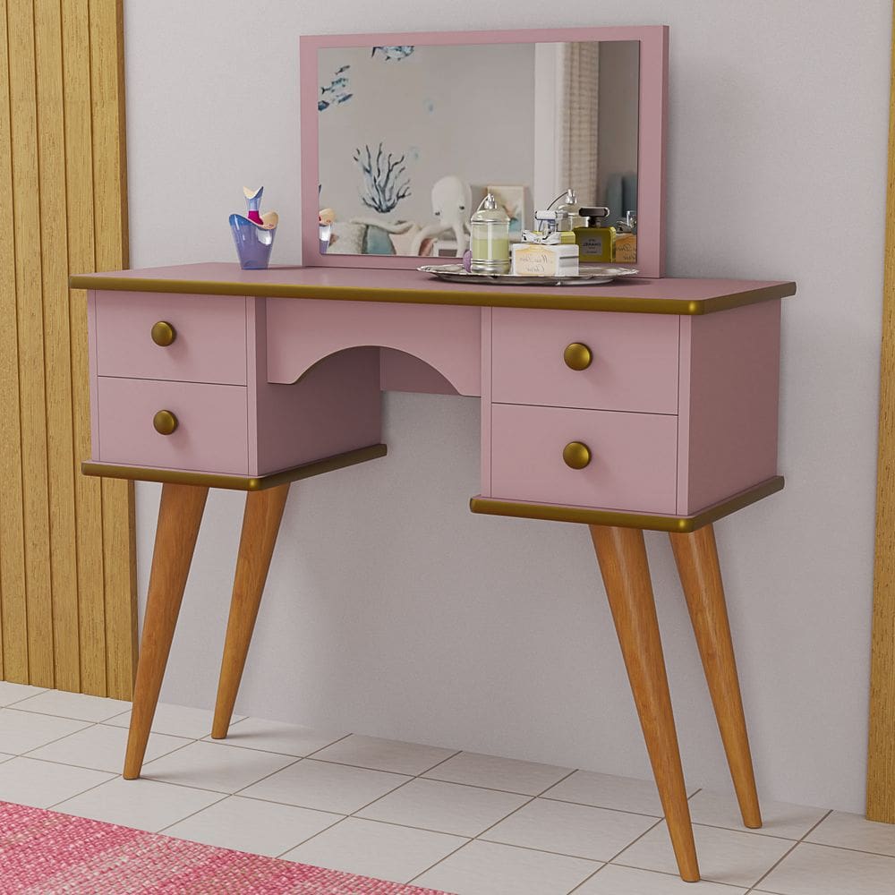 Penteadeira Infantil Rosa Retrô Com Espelho E 4 Gavetas