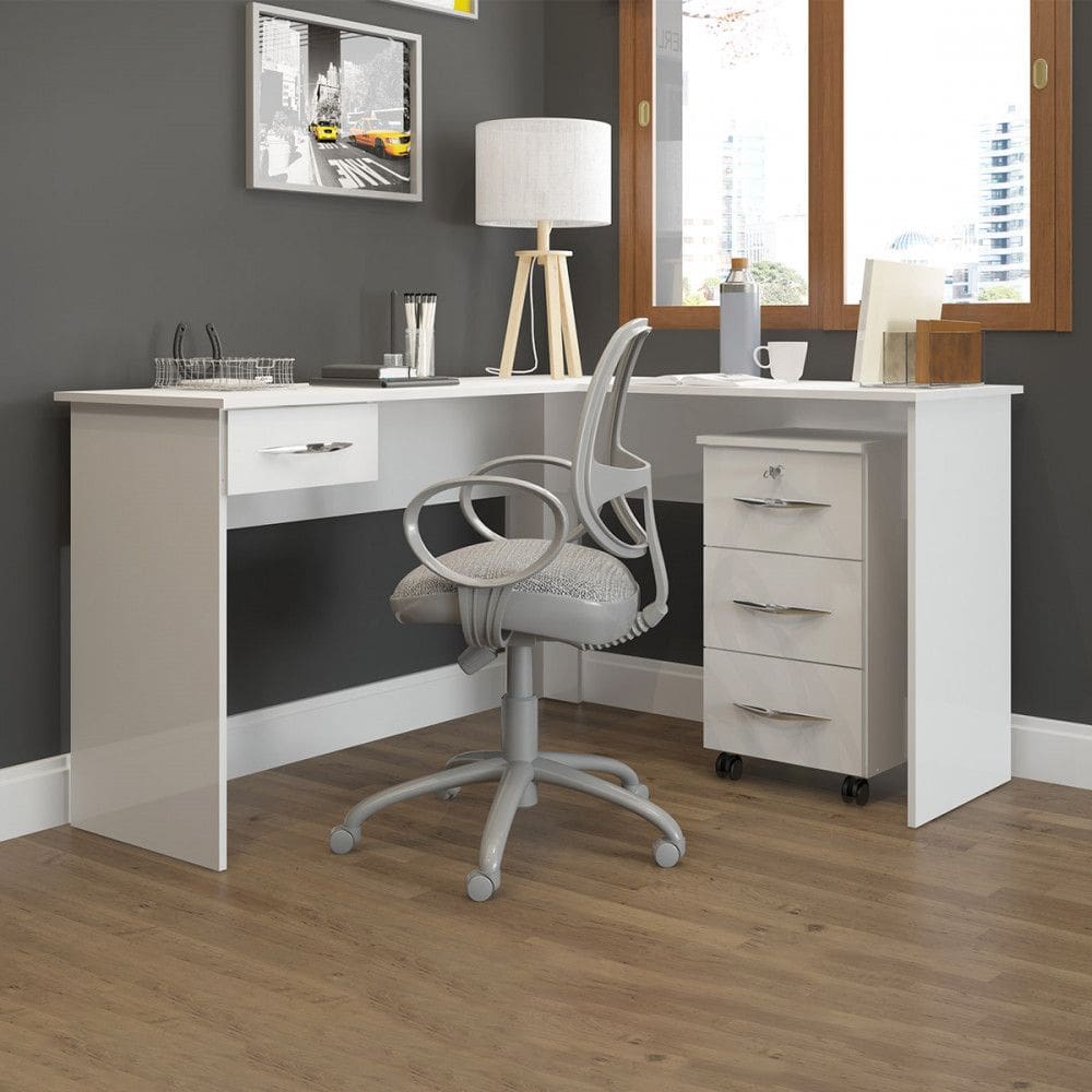 Kit Escritorio 0703 Mesa com Gaveteiro Escrivaninha MDP Branco MENU