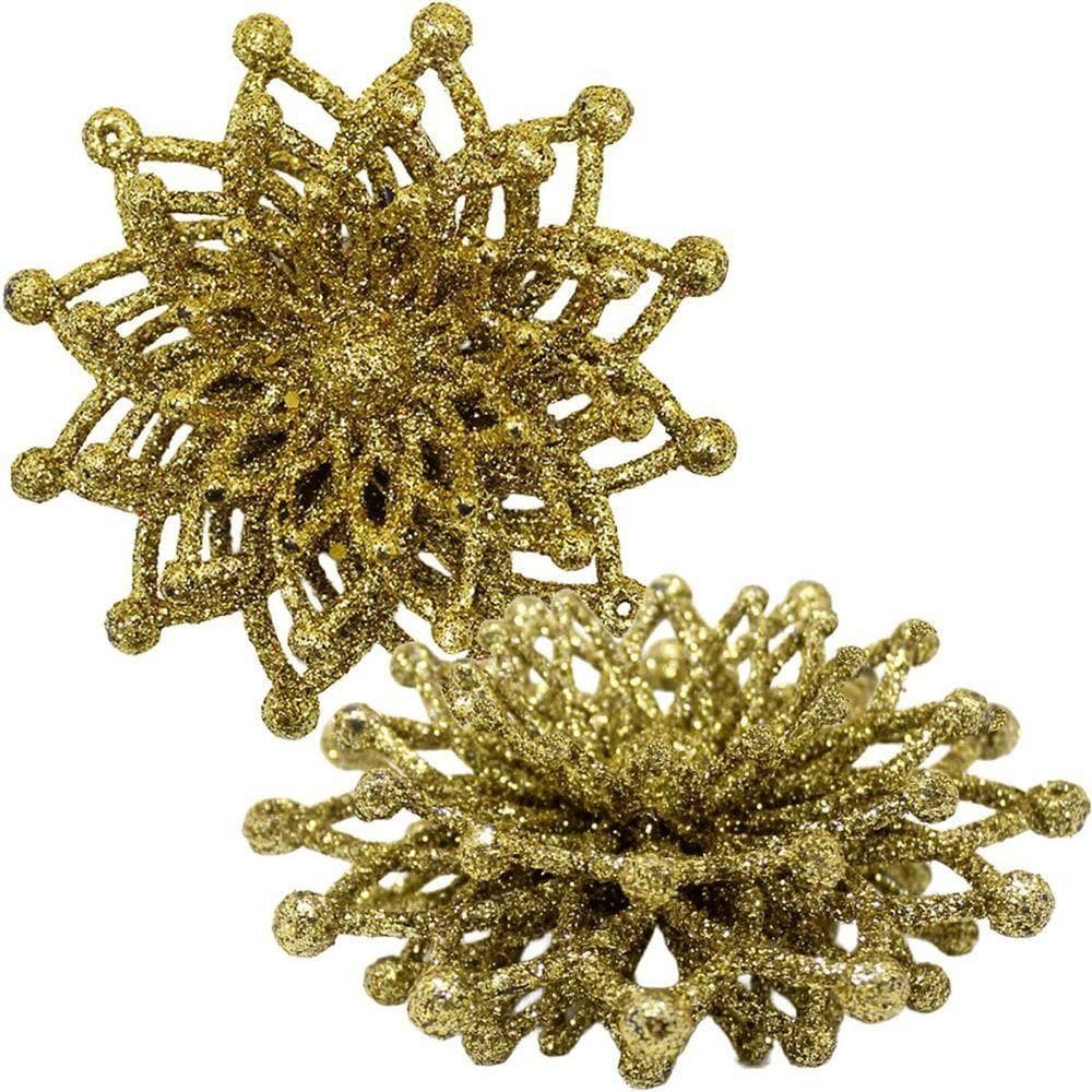 Kit 12 Flores Douradas Gliter Decoração árvore De Natal 10cm