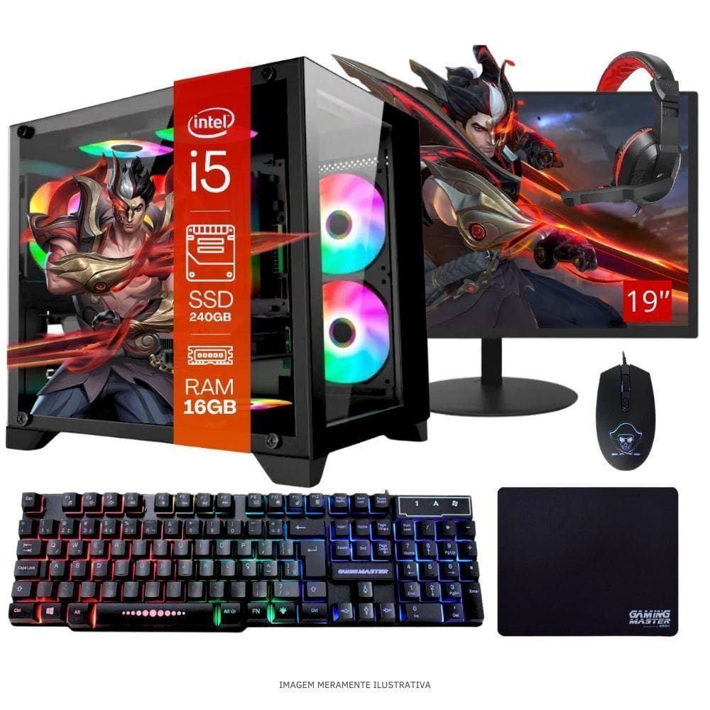 Computador Pc Gamer Completo Tob Intel Core I5 Ssd 240Gb 16Gb Gabinete Aquário Teclado Mouse Mouse Pad E Headset Gamer Monitor 19” Windows 10 Pro Tria