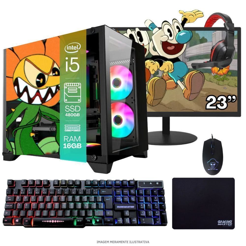 Computador Pc Gamer Completo Tob Intel Core I5 Ssd 480Gb 16Gb Gabinete Aquário Teclado Mouse Mouse Pad E Headset Gamer Monitor 23” Windows 10 Pro Tria