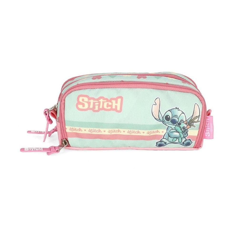 Estojo Escolar Triplo Luxcel Stitch Corações Verde