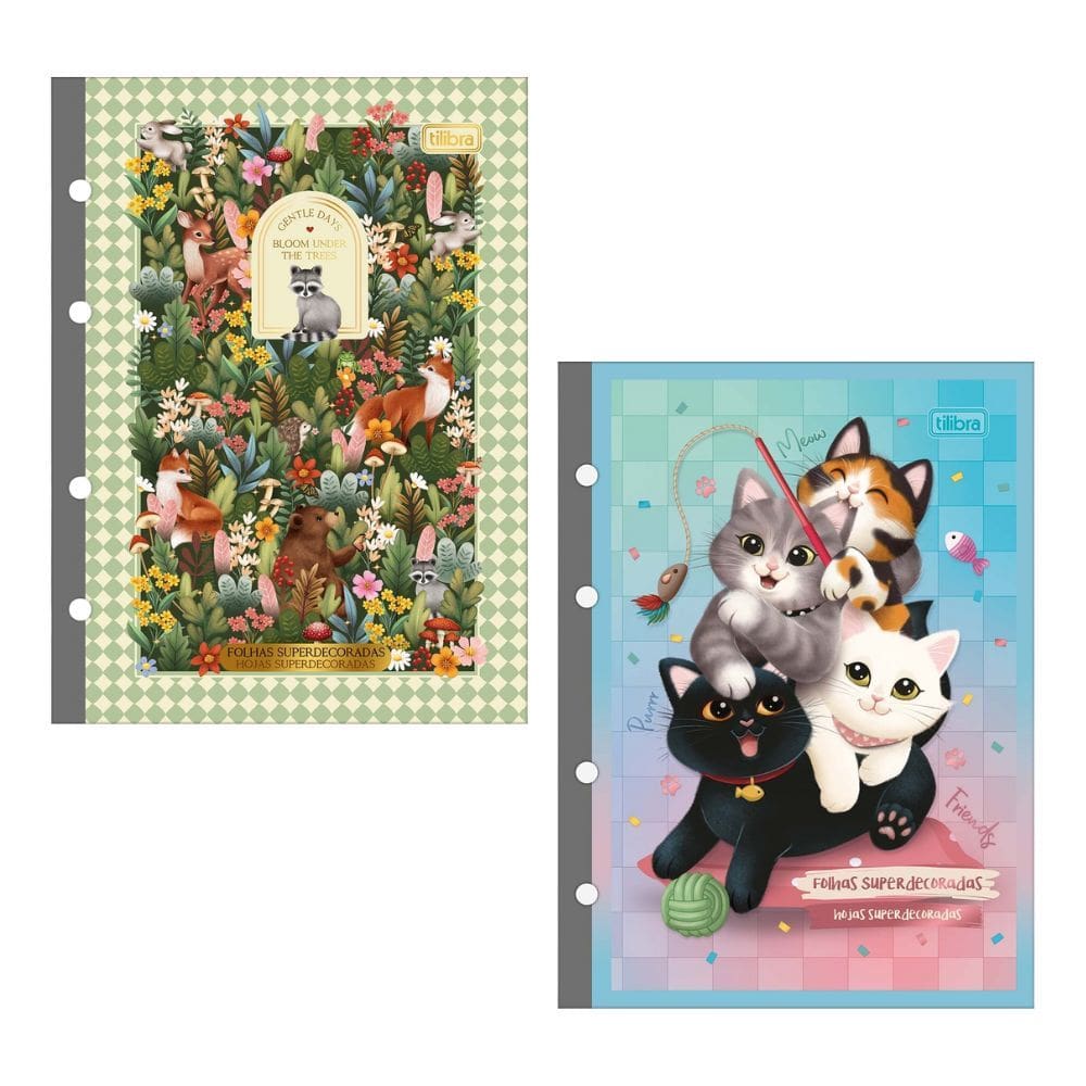 Kit 02 Refil de Fichário Colegial (LOVELAND) e (PURRFECT) Cats 80 Folhas Decoradas Tilibra | Caderno Argolado