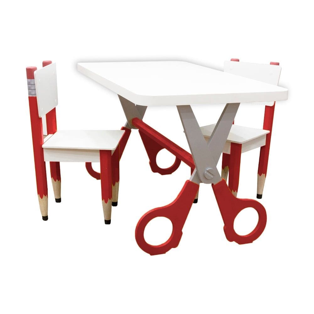 Kit 2 Cadeiras Mesa Infantil Tesoura Vermelho Tampo Branco Retangular Base Temática para Estudos Desenhos Mobília Decor