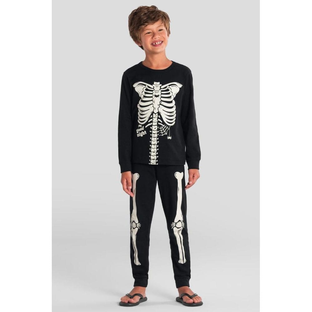 Pijama infantil unissex de esqueleto brilha no escuro Brandili