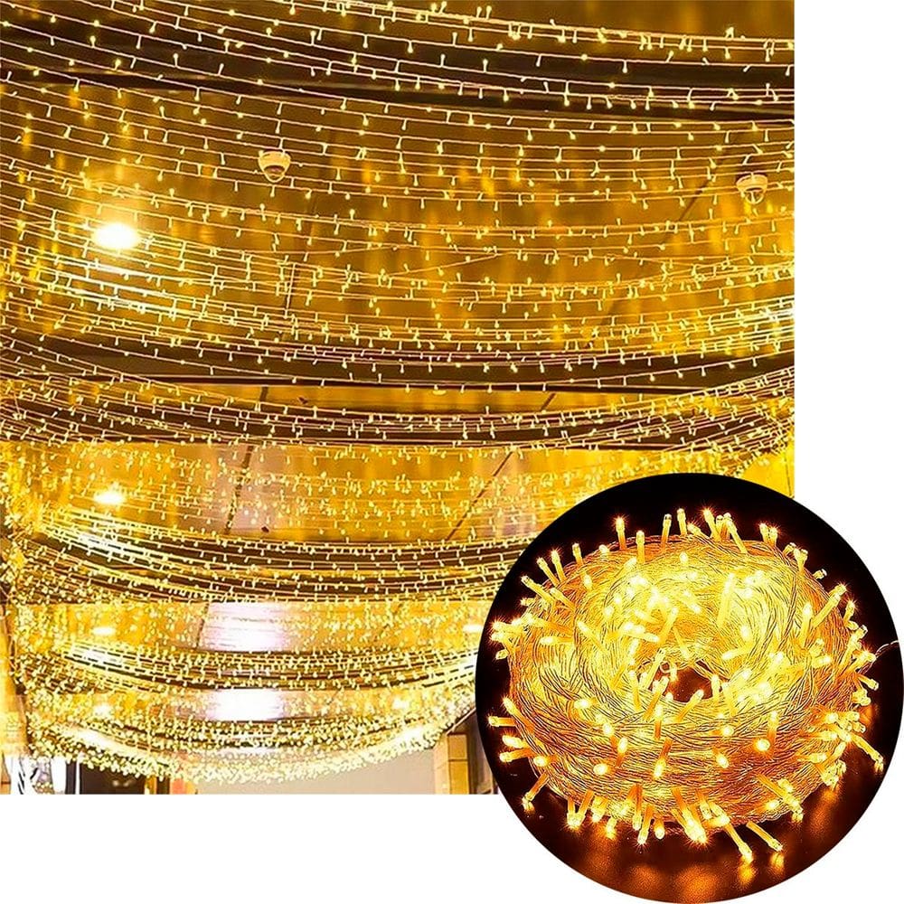 Pisca Cordão Varal Natal 300 Lâmpadas LEDs Amarelo 220v 25m