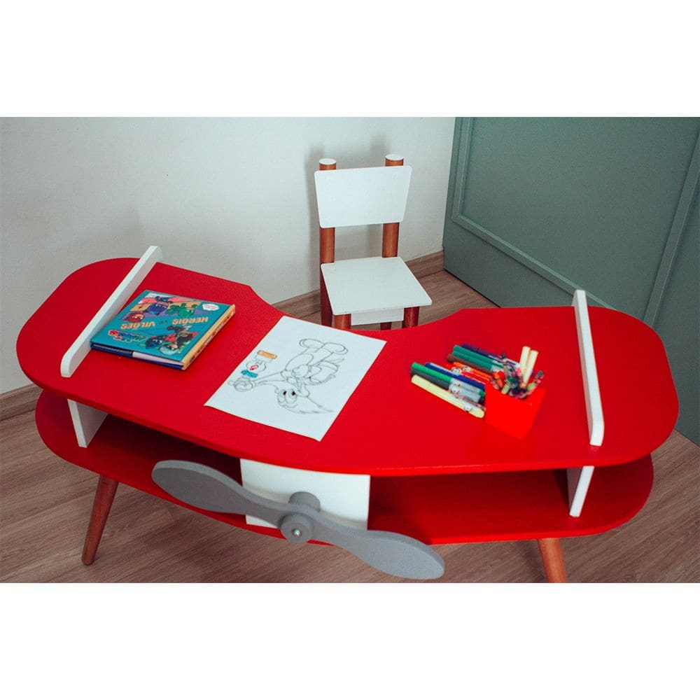 Mesa Avião Vermelho com Cadeira e Hélice e Pés Palito Design Criativo Mesa Desenho Quarto Menina Menino Infantil Decor