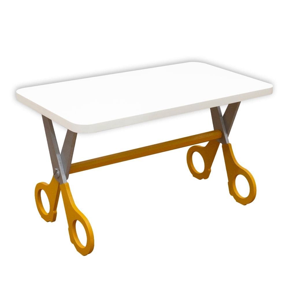 Mesa Infantil Tesoura Amarelo Tampo Branco Retangular Base Temática para Estudos e Desenhos Mobília Decor