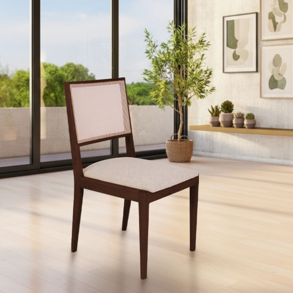 Cadeira de Jantar Estofada Suellen Castanho Linho Bege