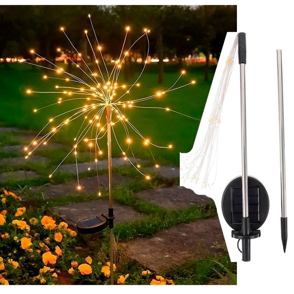 Pisca Solar Jardim Natal Fogos Artifício Luzes LEDs Amarelo