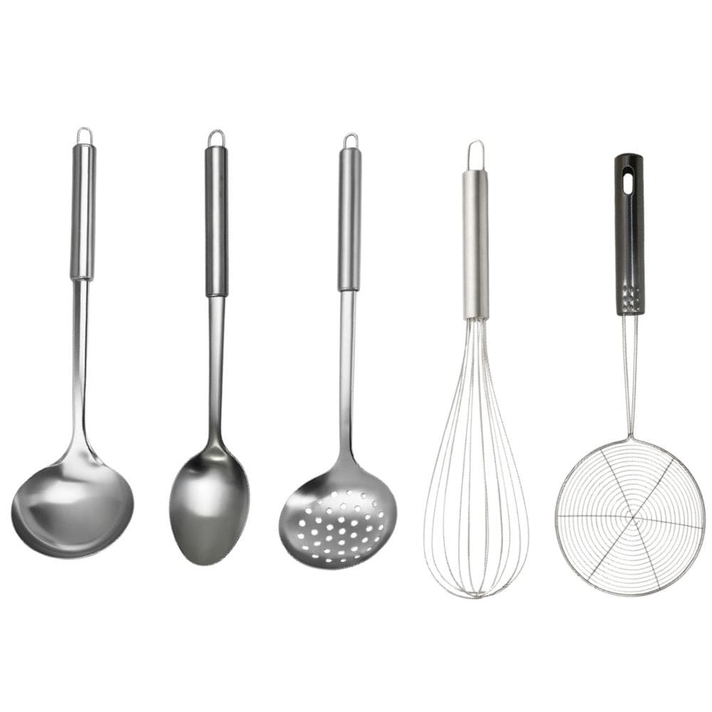 Kit Escumadeira aramada, concha feijão, colher arroz  escumadeira e batedor de ovos  Fouet Aço Inox