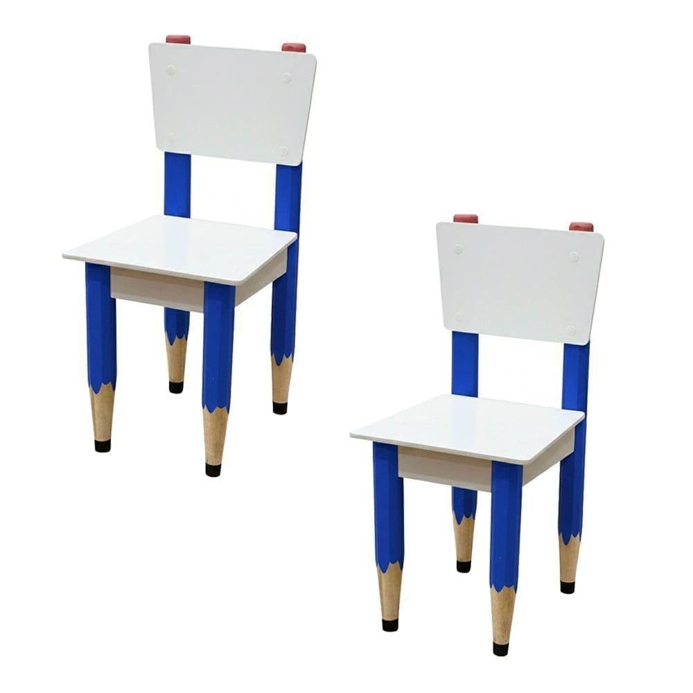 Kit 2 Cadeiras Cadeira Infantil Lápis Azul Assento E Encosto Brancos Para Estudos E Desenhos Mobília Decor