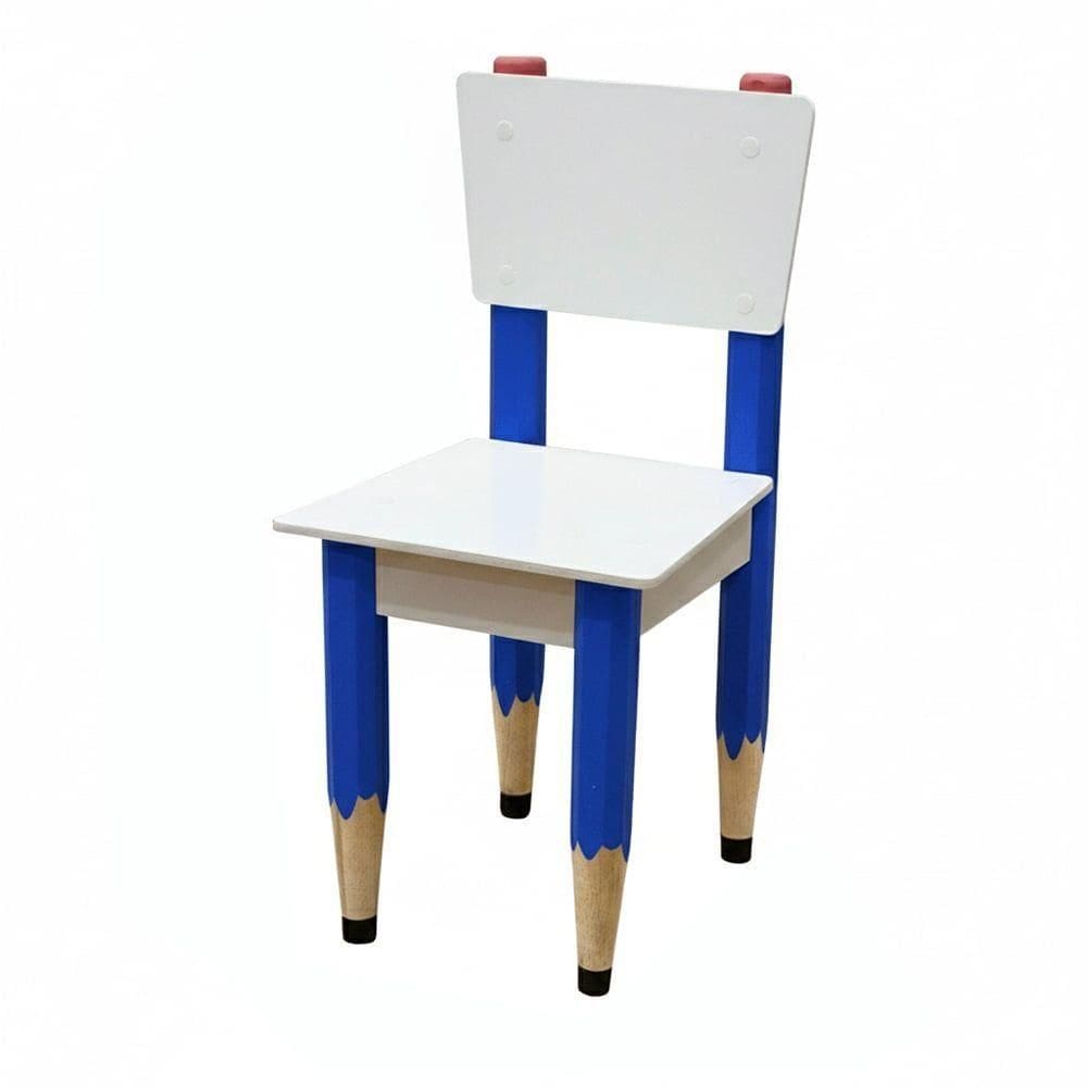 Cadeira Infantil Lápis Azul Assento E Encosto Brancos Para Estudos E Desenhos Mobília Decor