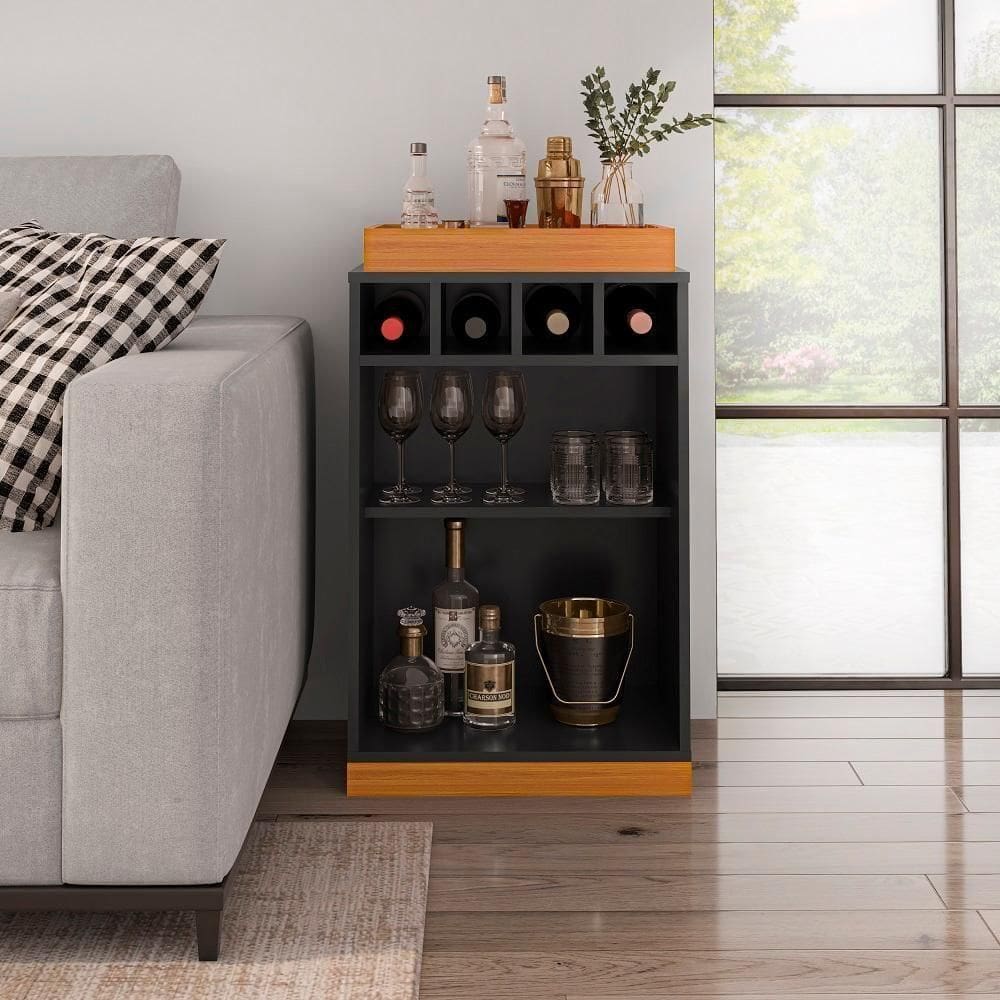 Adega Bar Retrô 4 Garrafas Com Bandeja E Prateleira Monaco - Preto E Cedro