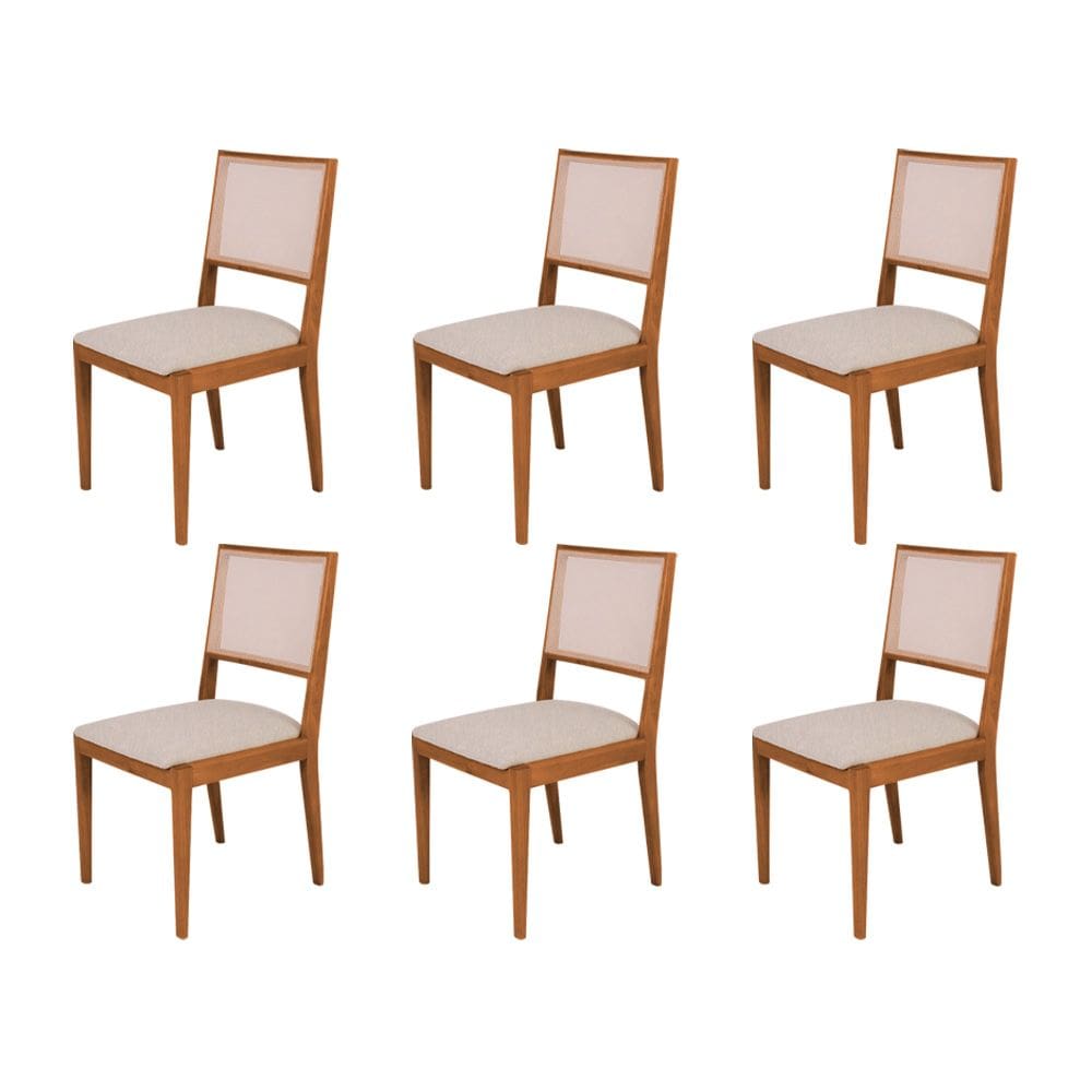Conjunto com 6 Cadeiras de Jantar Suellen em Madeira e Mdf Cerejeira Linho Bege