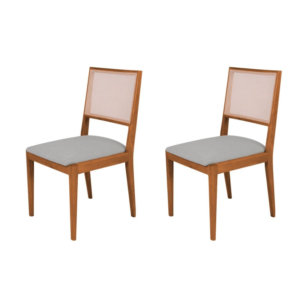 Conjunto com 2 Cadeiras de Jantar Suellen em Madeira e Mdf Cerejeira Linho Cinza Prata