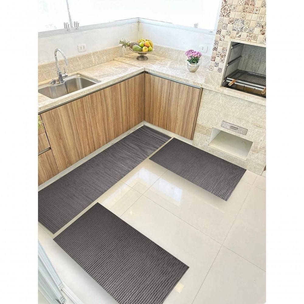 Kit 3 Peças Jogo Cozinha Passadeira Emborrachada Não Derrapa Cinza