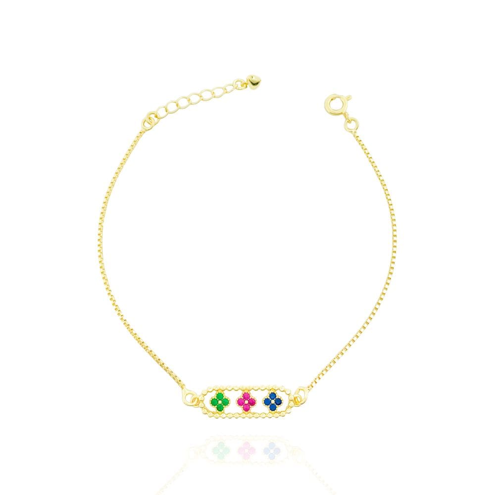 Pulseira Três Trevos Coloridos Banhada a Ouro