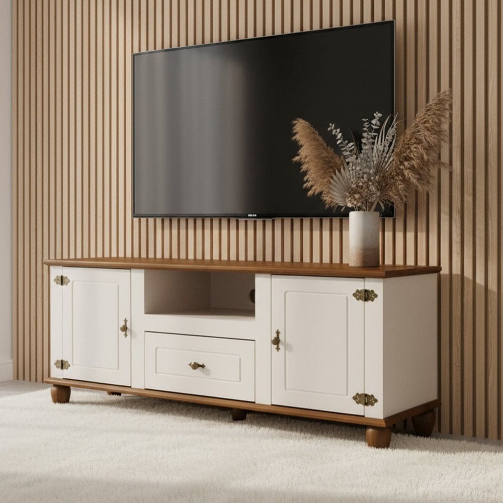 Rack para Tv 55 Polegadas com Pés Madeira Maciça 100% Mdf 2 Portas 1 Gaveta 150cm Tampo Base Joy Off White/ Marrom