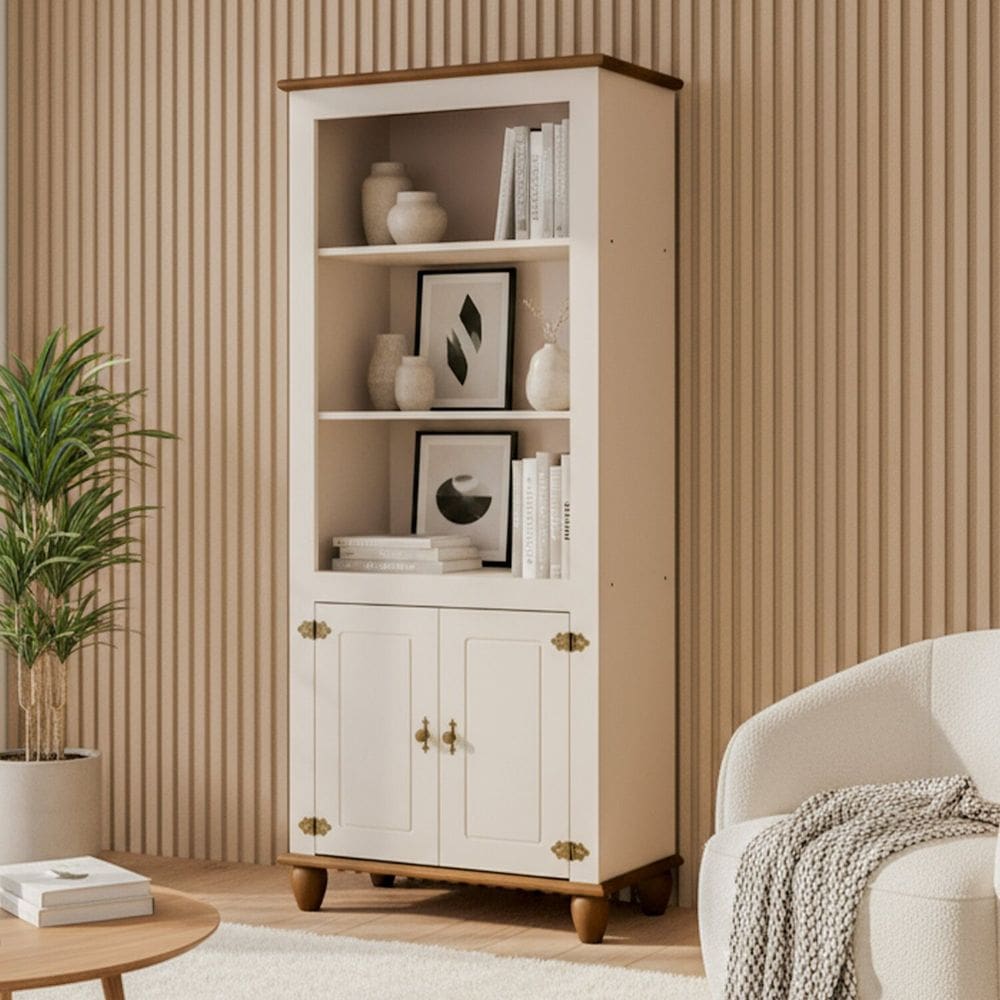 Estante Alta 2 Portas com Tampo Base e Pés em Madeira Maciça Joy Off White