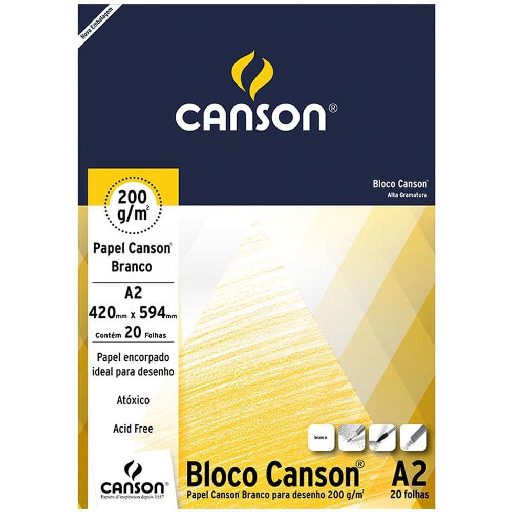Bloco desenho branco A2 200g com 20 folhas Canson