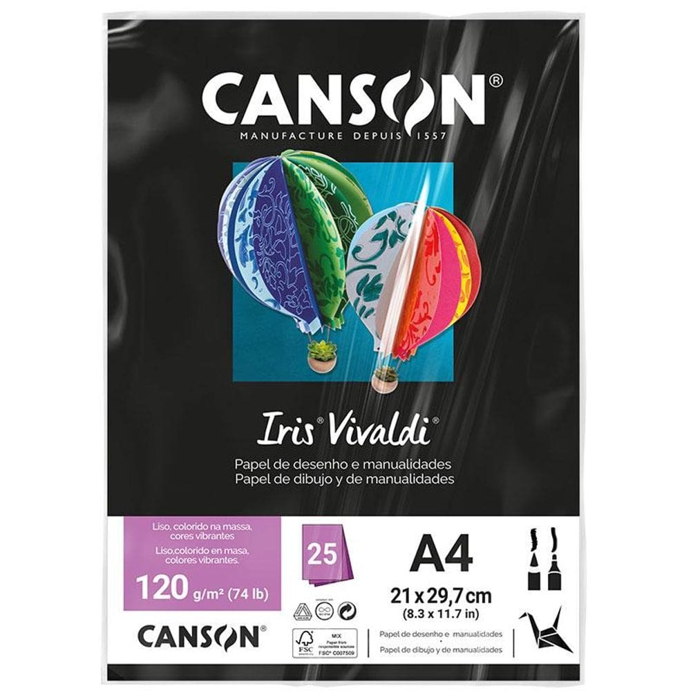 Papel Color Vivaldi A4 120g Preto com 25 folhas - Canson