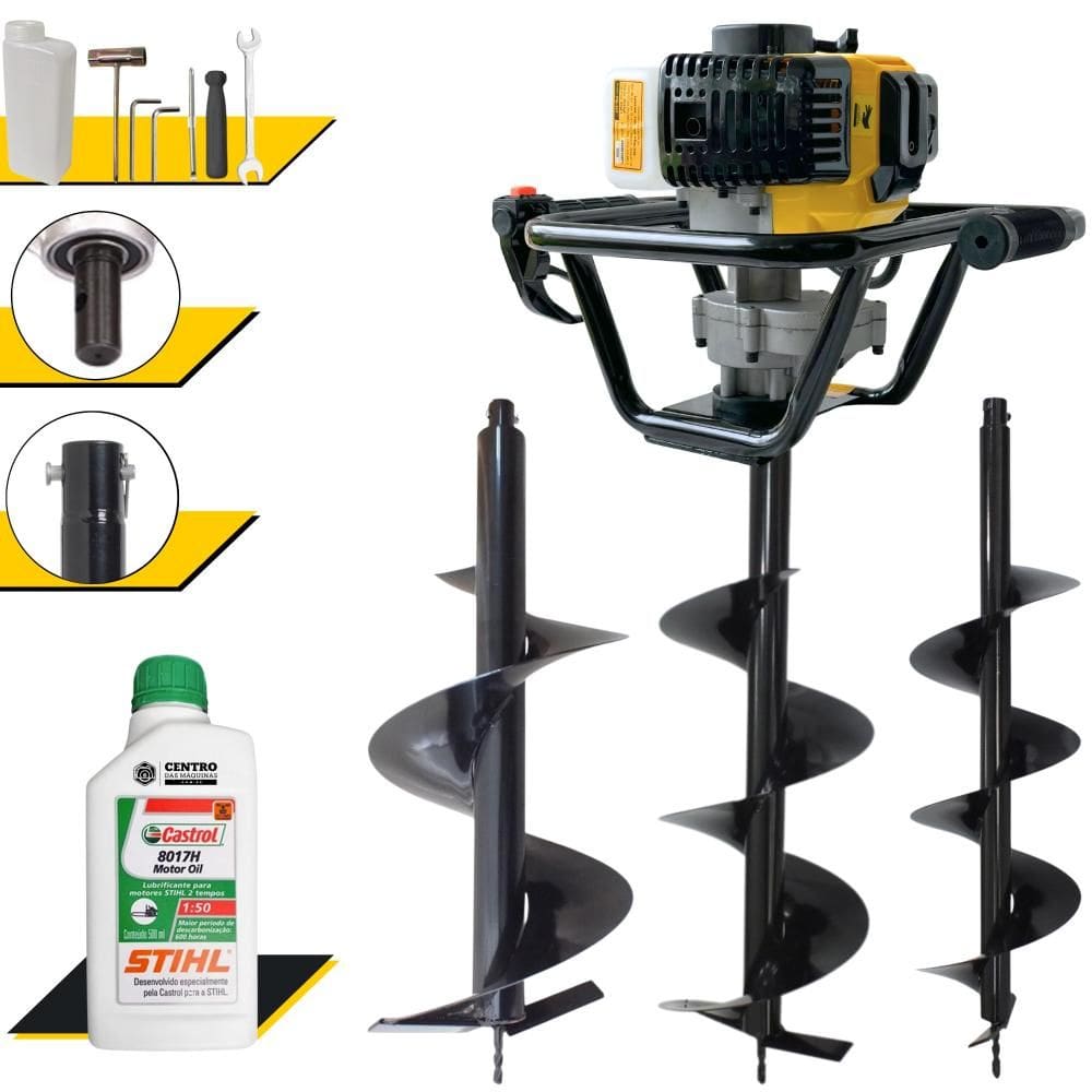 Polaca Cavadeira Motorizada Lynus PSL-517 À Gasolina 2T 52cc 1,8HP 9.000rpm Perfurador Com Brocas 80x20cm, 80x25cm e 80x30cm + ÓLEO STIHL 2T