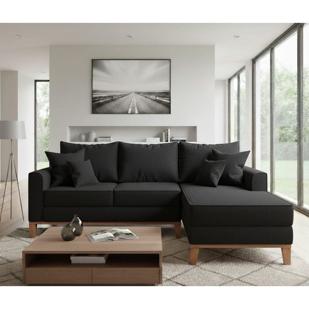 Sofá Beny com Chaise Direita, 2,20x1,40m, 3 Lugares, Linho, Base em Madeira.