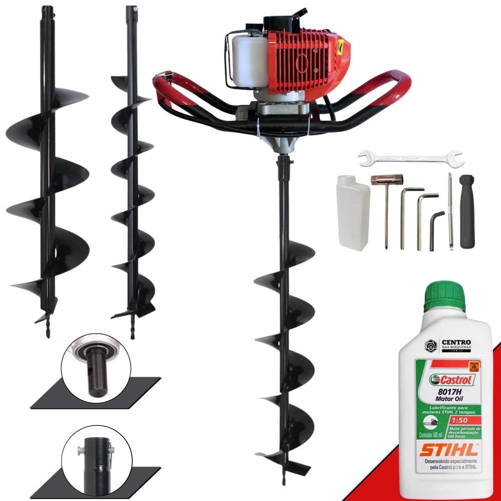 Trado Perfurador de Solo Máquina Fura Terra Anmax GD520B À Gasolina 2T 52cc 2,2HO 7.000rpm + Brocas 80x10, 80x15 e 80x20 + EXTRA ÓLEO STIHL 2T