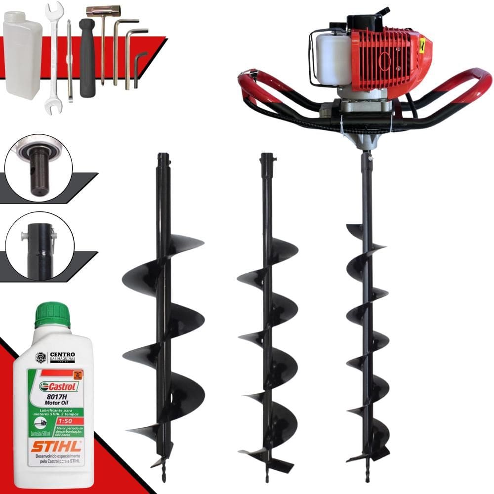 Perfurador de Solo À Gasolina Anmax GD520B 52cc 2,2HP de Alta Rotação e Performance + Brocas 80x10cm, 80x15cm e 80x20cm + ÓLEO STIHL 2T