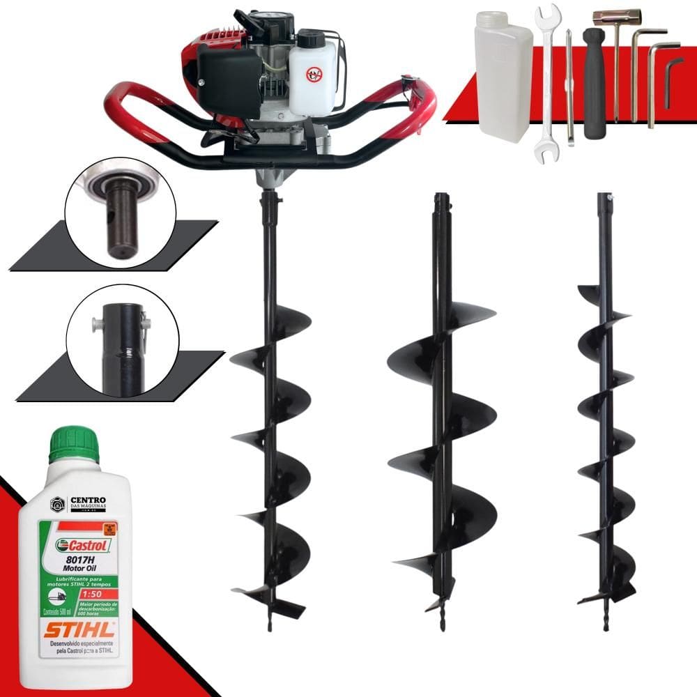 Perfurador de Solo Profissional Anmax GD520-B À Gasolina 2,2HP de Potência 52cc 7.000rpm + Conjunto de Brocas 80x10, 80x15 e 80x20 + ÓLEO STIHL 2T