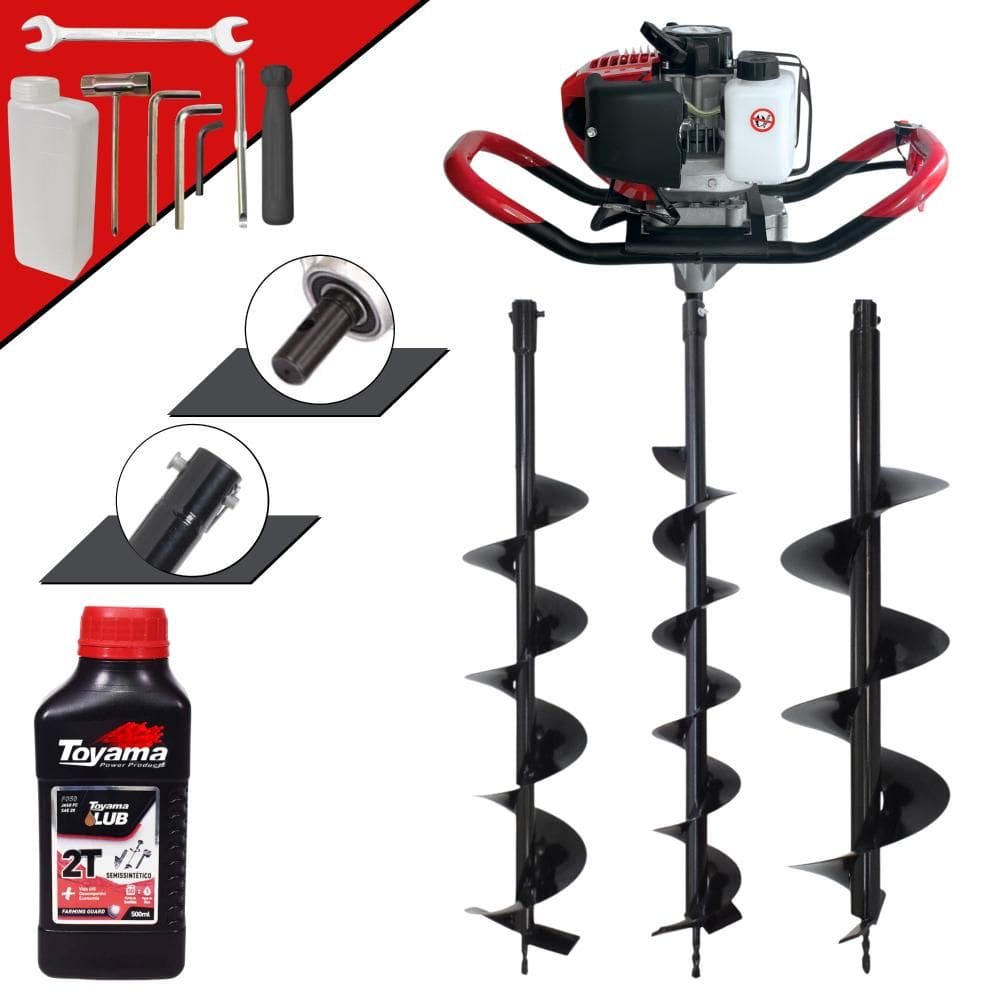 Máquina Fura Terra Perfurador de Solo Anmax GD520B À Gasolina 2T 52cc 7.000rpm 2,2HP + Brocas 80x10cm, 80x15cm e 80x20cm + EXTRA 1 ÓLEO TOYAMA