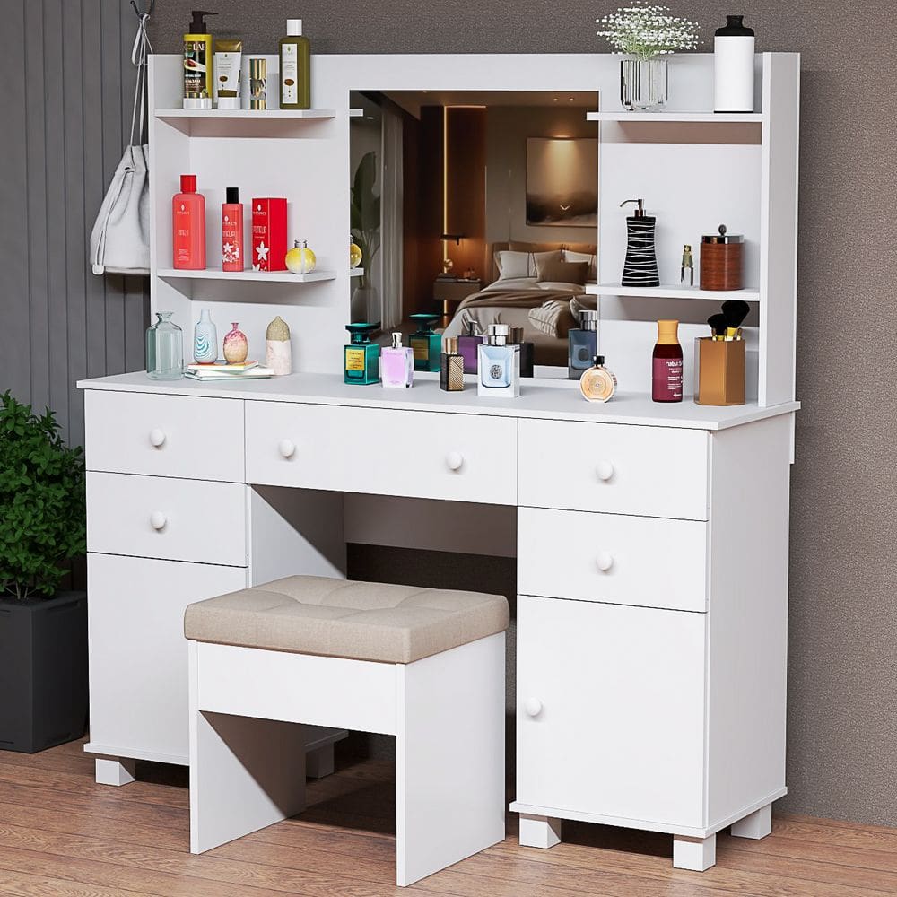 Penteadeira Camarim Completa Com Banqueta Espelho Grande Portas Nichos Organizador