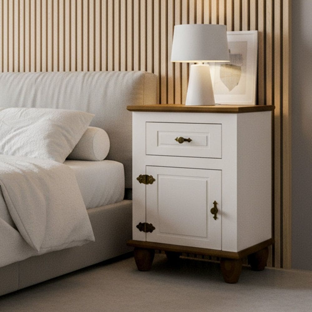 Mesa de Cabeceira 1 Porta e 1 Gaveta Tampo Base e Pés em Madeira Maciça Joy Off White