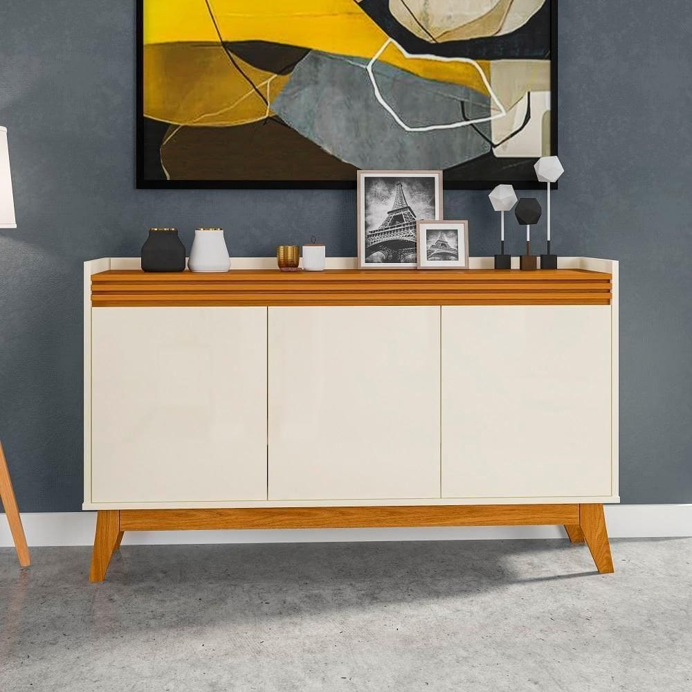 Buffet Aparador Ripado Com 3 Portas Monaco 136cm - Off White E Cedro