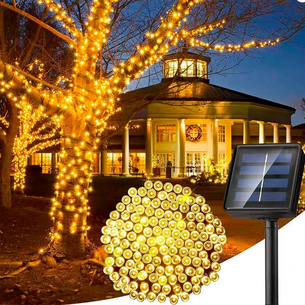 Pisca Cordão Solar Natal 100 Lâmpadas LED Luz Amarelo De 10m