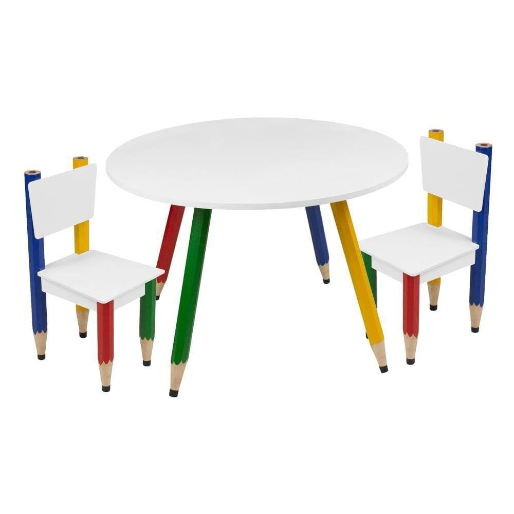 Kit 2 Cadeiras E Mesa Infantil Lápis Coloridos Redonda Tampo Branco Pés Temáticos Quarto Menina Menino Mobília Decor